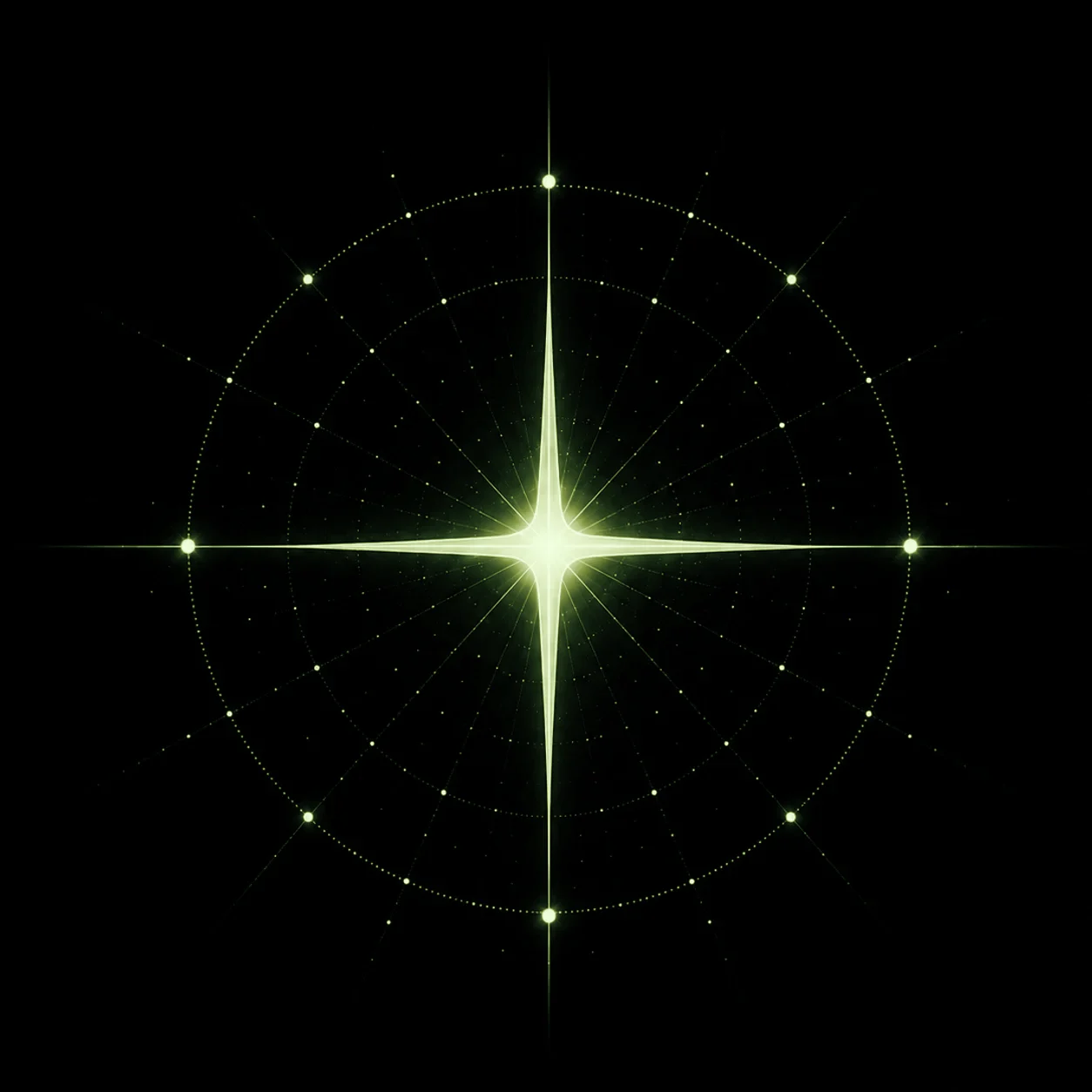 A four-pointed star at the centre of a dotted compass ring.