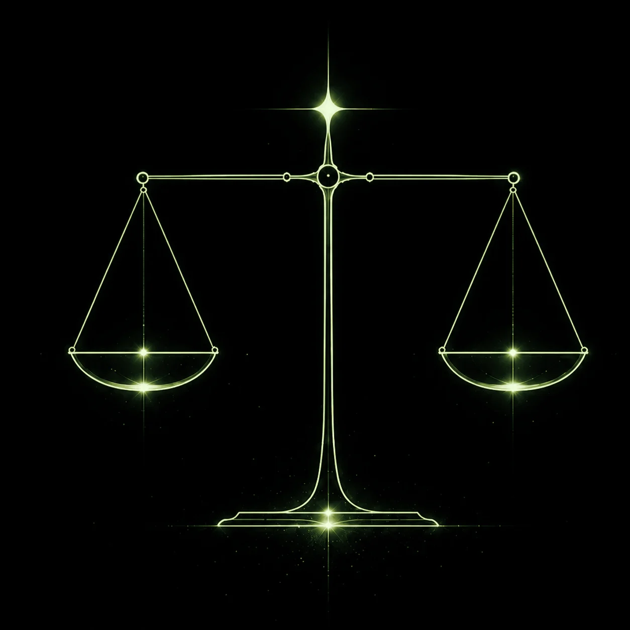 A balance scale drawn in light, both pans level.