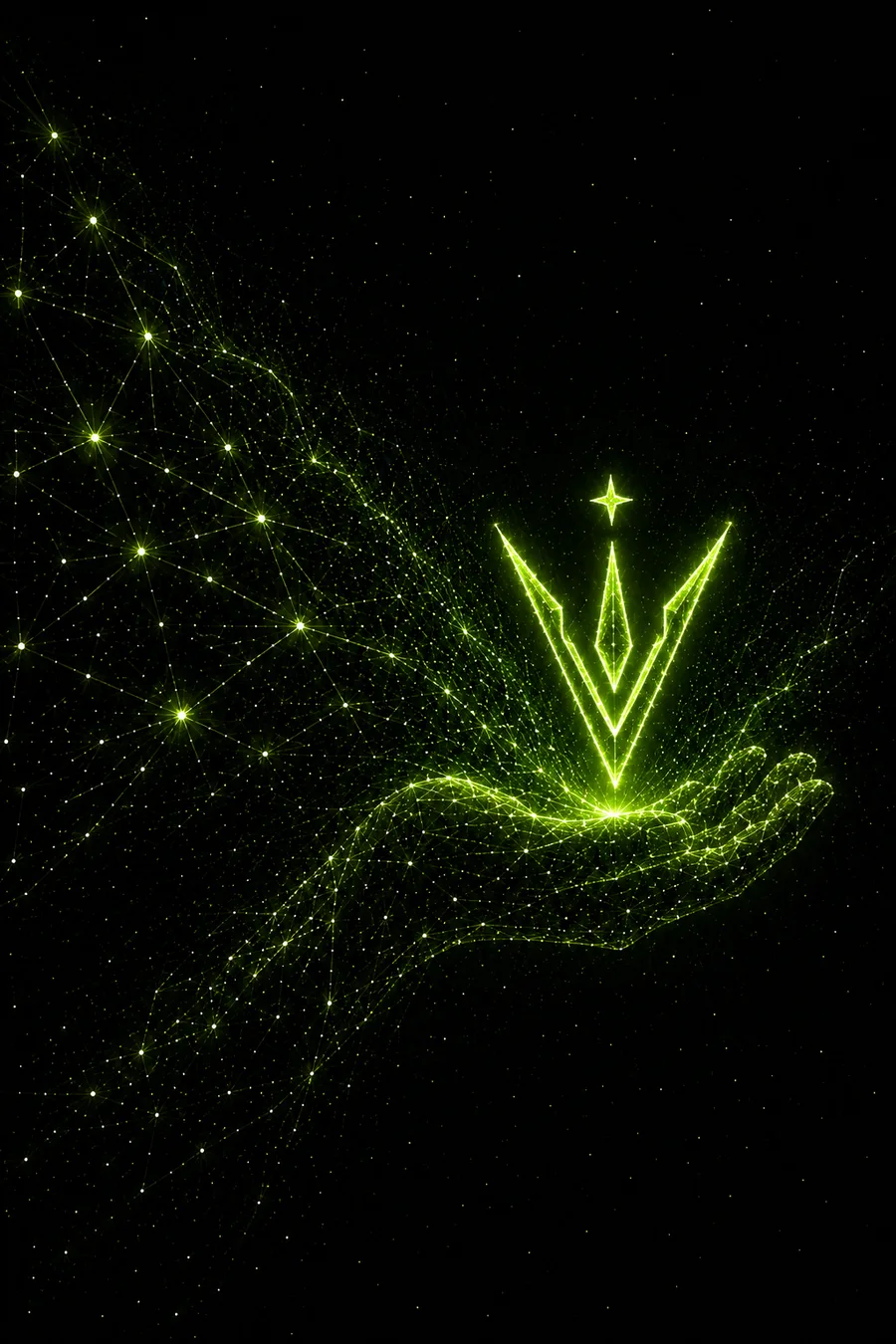 The Vega mark drawn as a constellation, resting on an open hand.