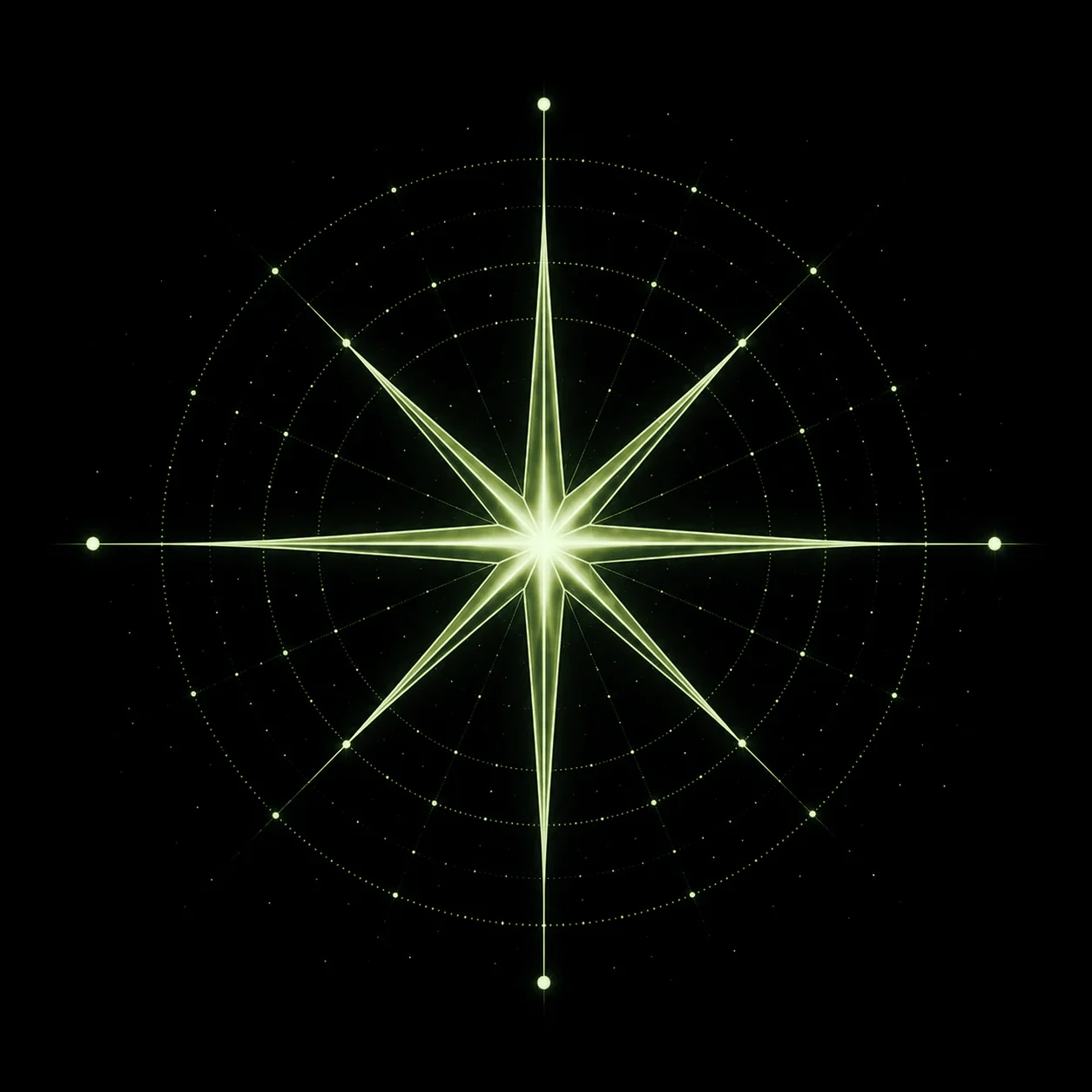 An eight-pointed star inside concentric dotted orbits.