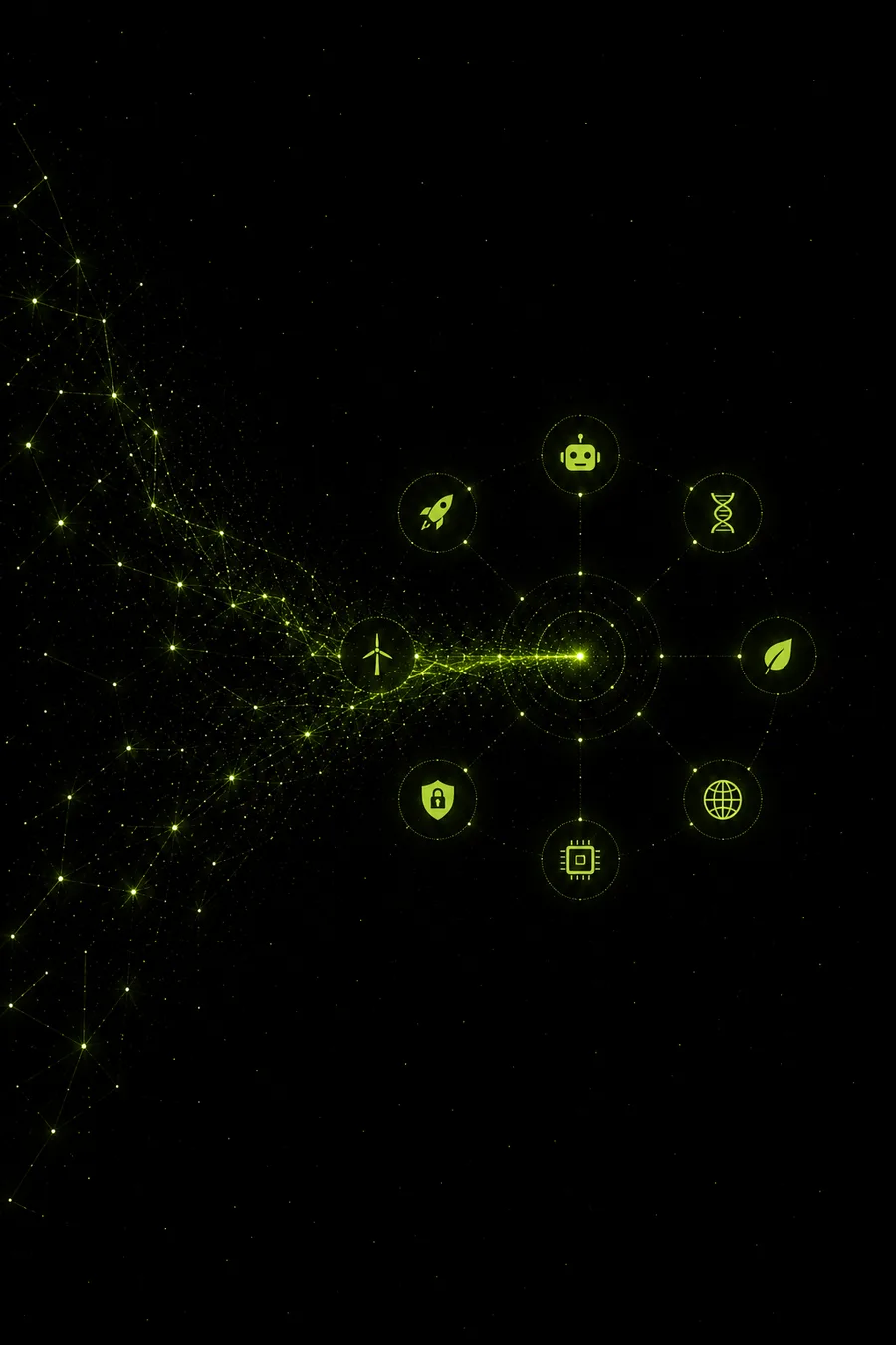 A hub of holdings with themed sector nodes orbiting it.