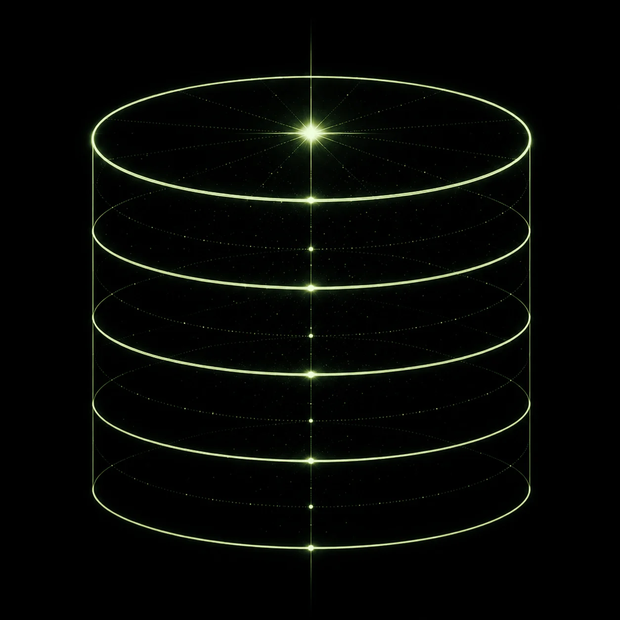A stack of five luminous discs, threaded by a single axis.